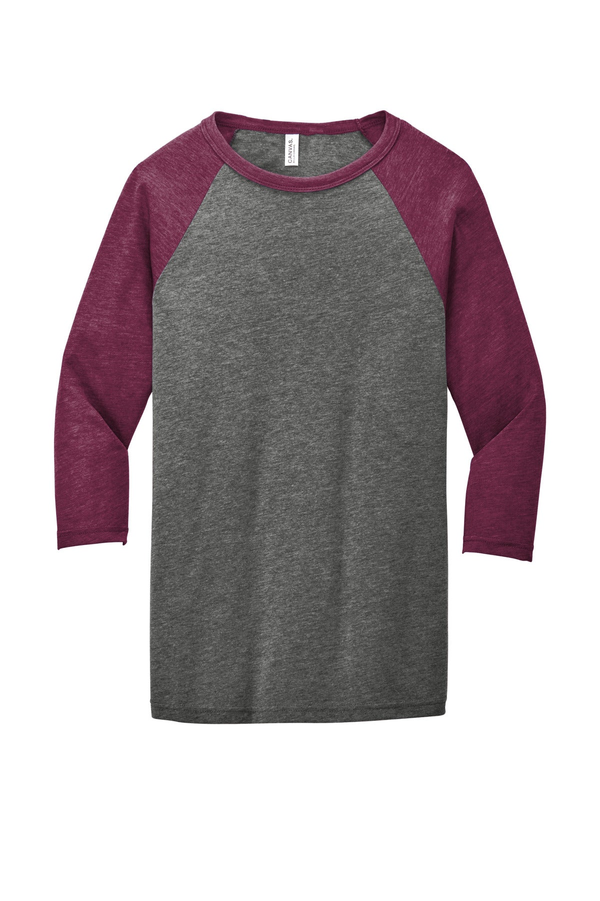 Front View of Grey/Maroon TB BELLA+CANVAS Unisex 3/4-Sleeve Baseball Tee. BC3200