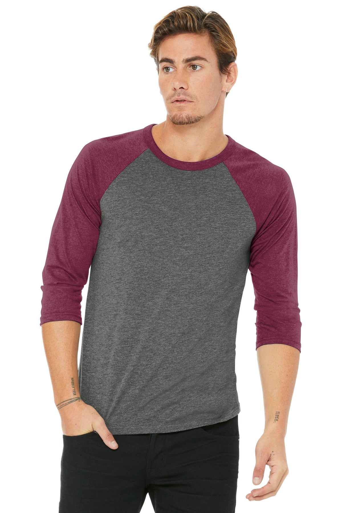 Front View of Grey/Maroon TB BELLA+CANVAS Unisex 3/4-Sleeve Baseball Tee. BC3200