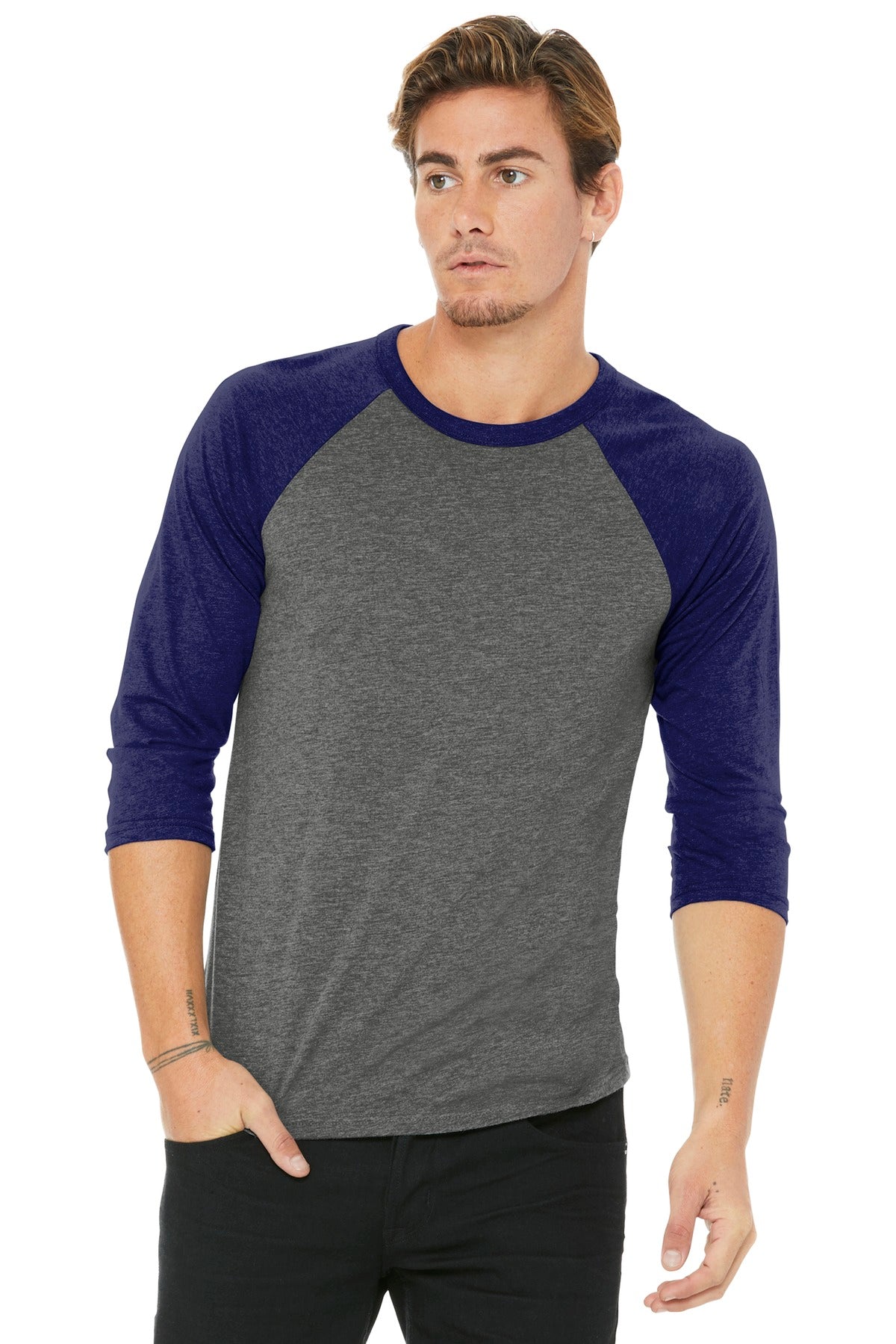 Front View of Grey/Navy TB BELLA+CANVAS Unisex 3/4-Sleeve Baseball Tee. BC3200