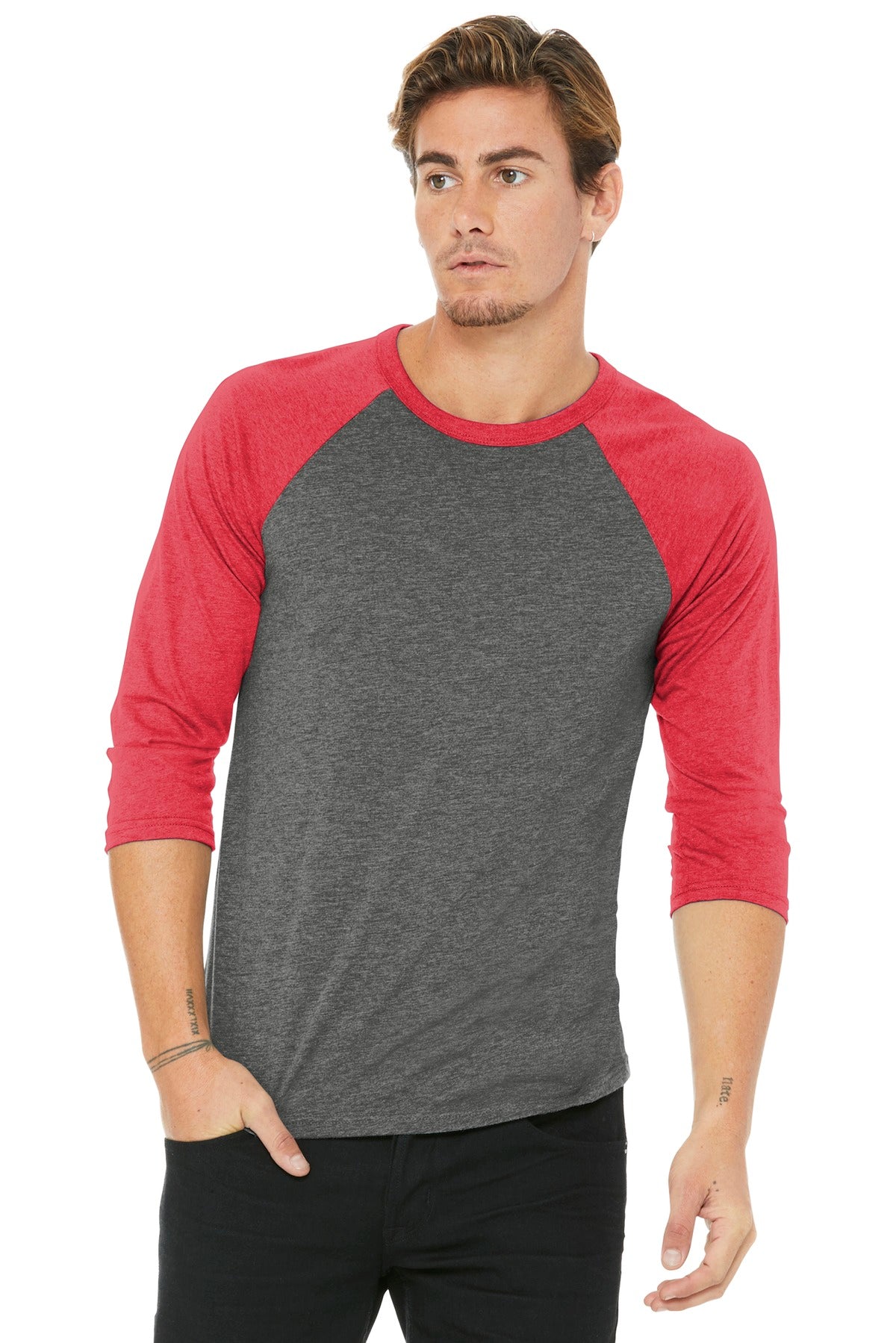 Front View of Grey/Red TB BELLA+CANVAS Unisex 3/4-Sleeve Baseball Tee. BC3200