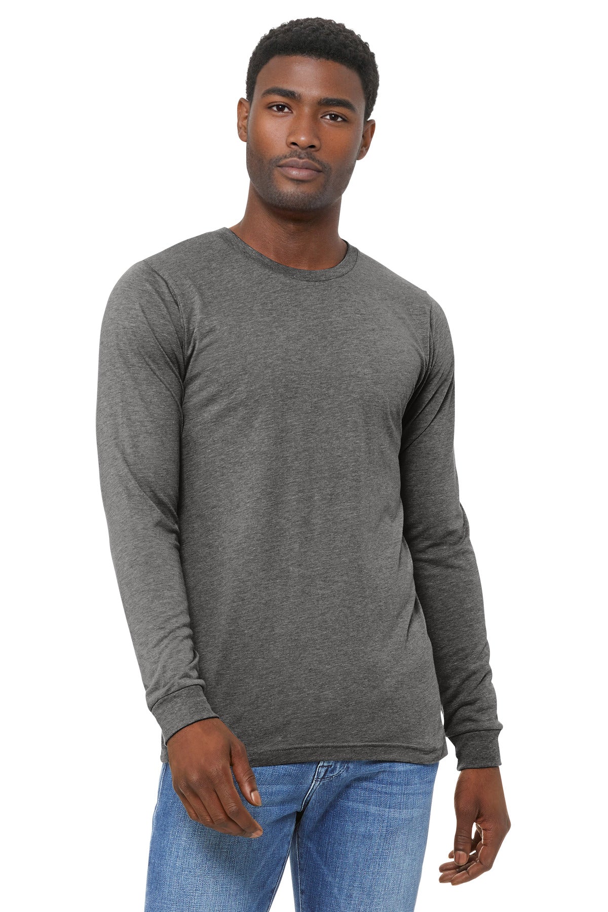 Front View of GreyTB BELLA+CANVAS Unisex Triblend Long Sleeve Tee BC3513