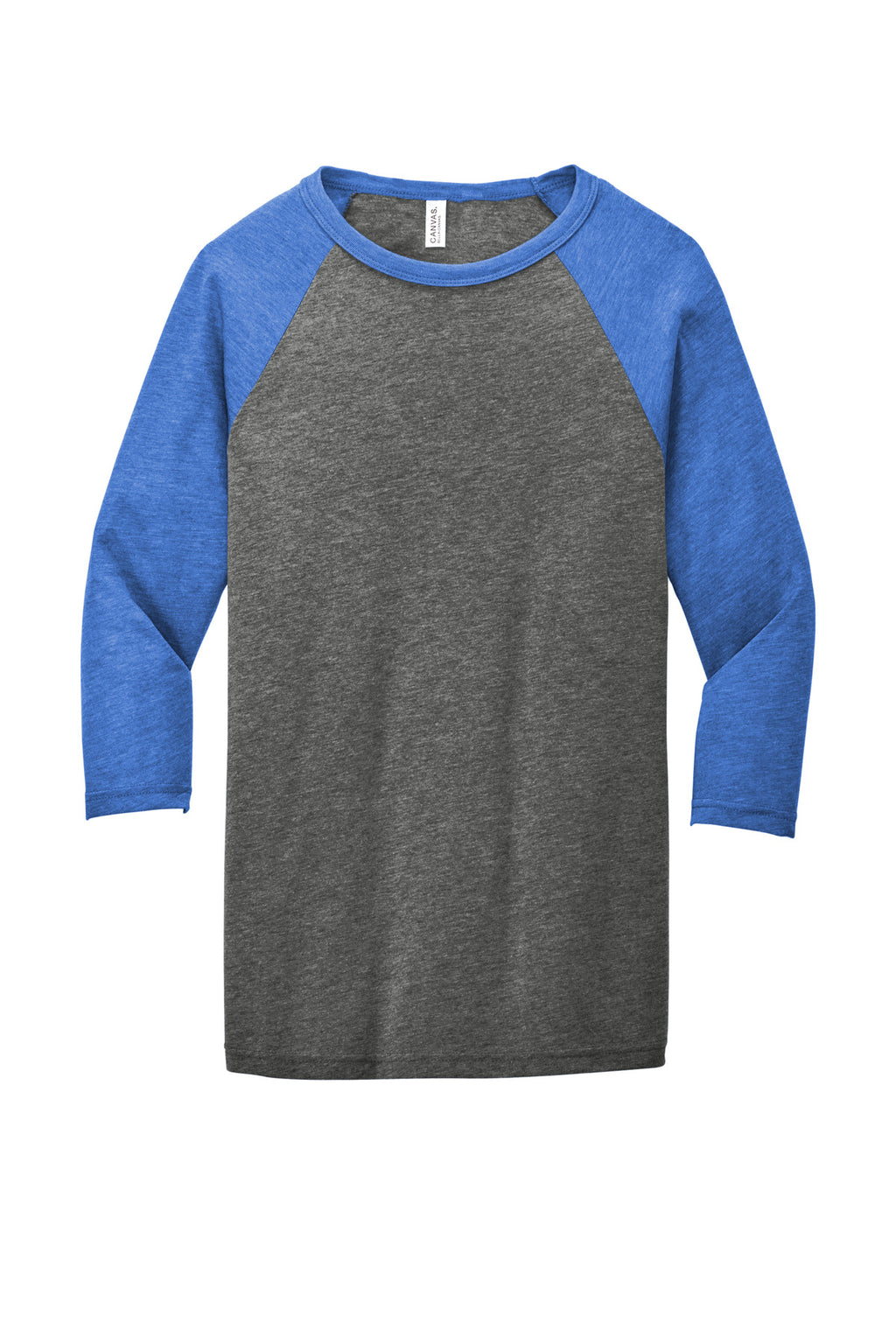 Front View of Grey/TruRoy TB BELLA+CANVAS Unisex 3/4-Sleeve Baseball Tee. BC3200