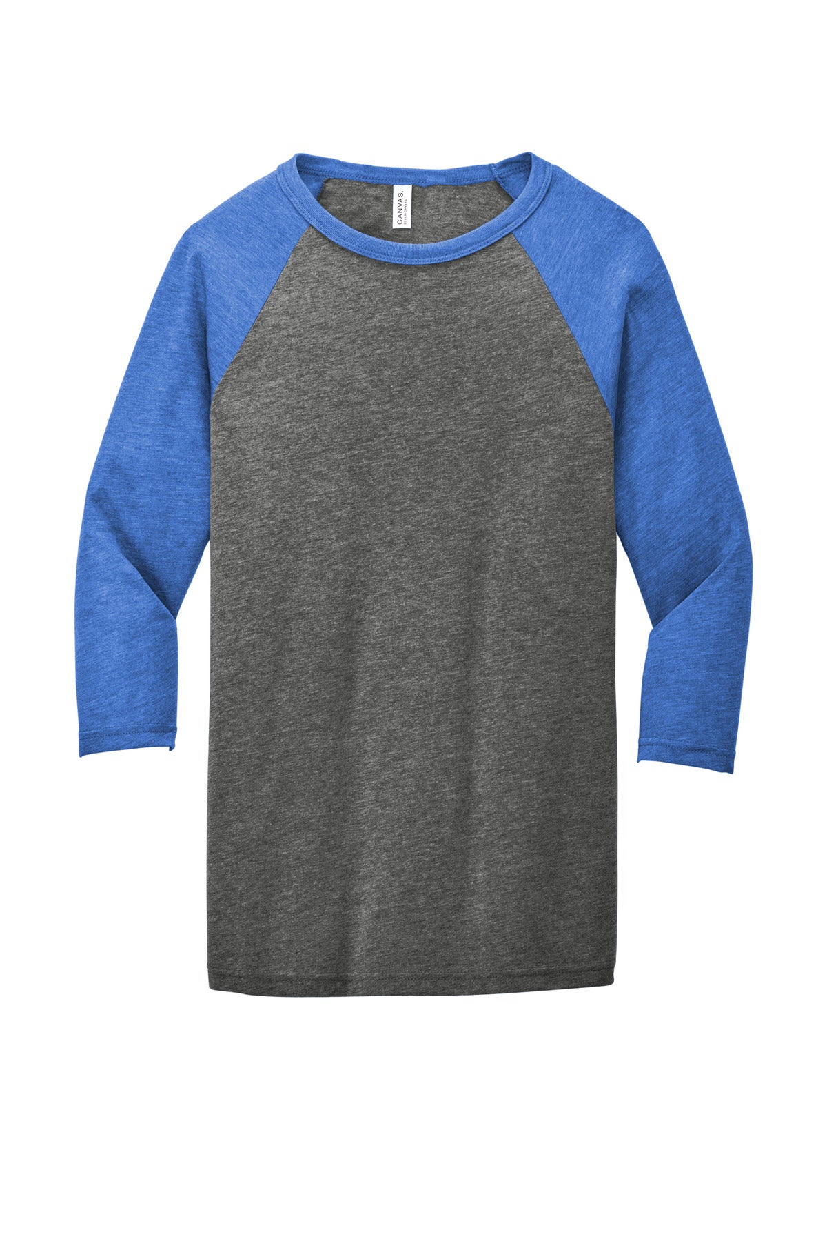 Front View of Grey/TruRoy TB BELLA+CANVAS Unisex 3/4-Sleeve Baseball Tee. BC3200