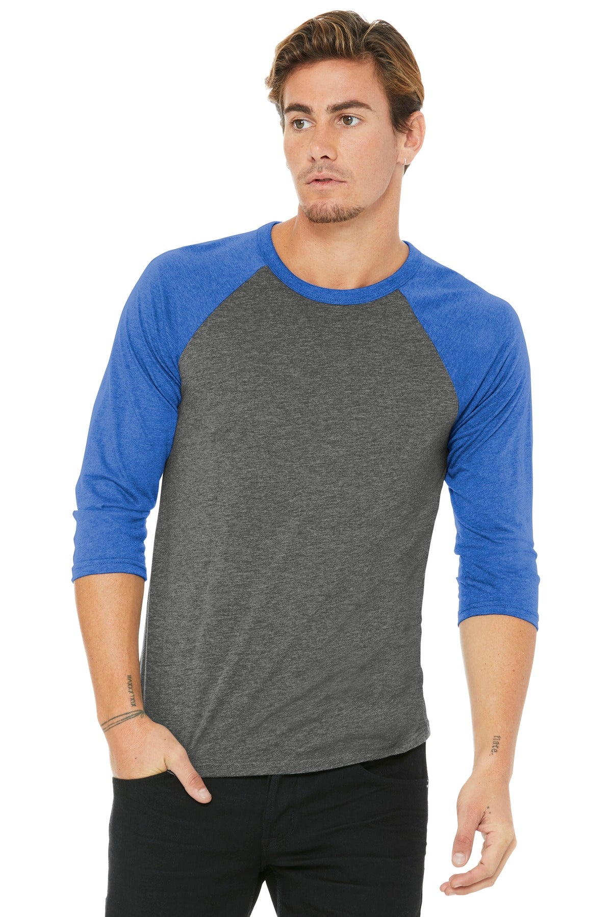 Front View of Grey/TruRoy TB BELLA+CANVAS Unisex 3/4-Sleeve Baseball Tee. BC3200