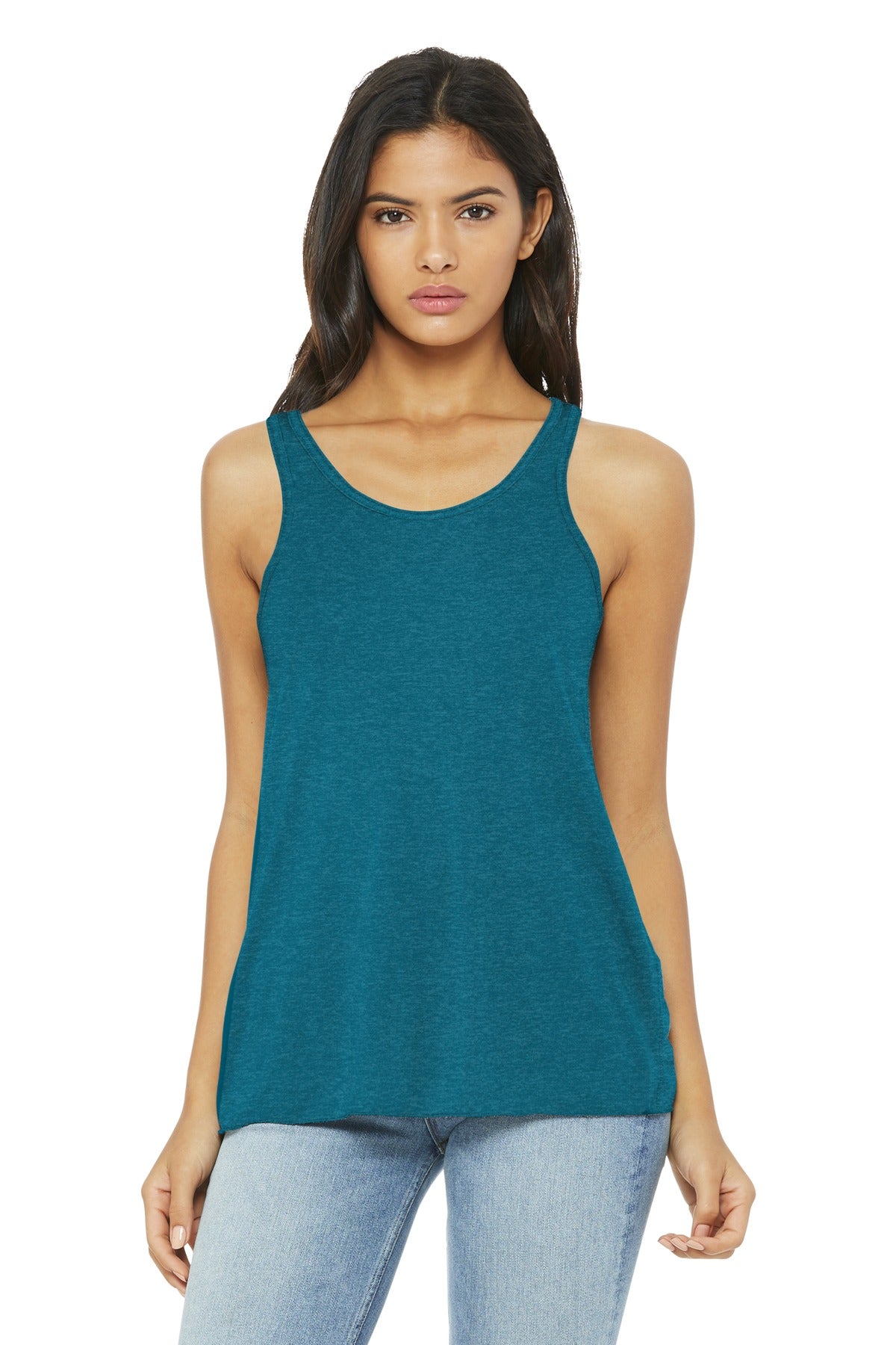 Front View of Ht Deep Teal BELLA+CANVAS Women's Flowy Racerback Tank. BC8800