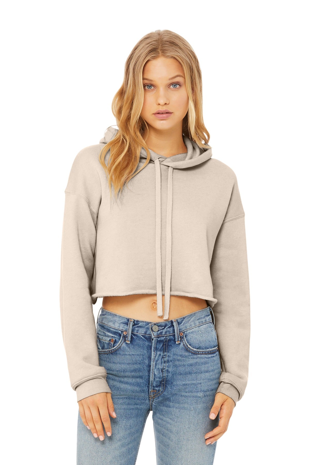 Front View of Ht Dust BELLA+CANVAS Women's Sponge Fleece Cropped Fleece Hoodie. BC7502