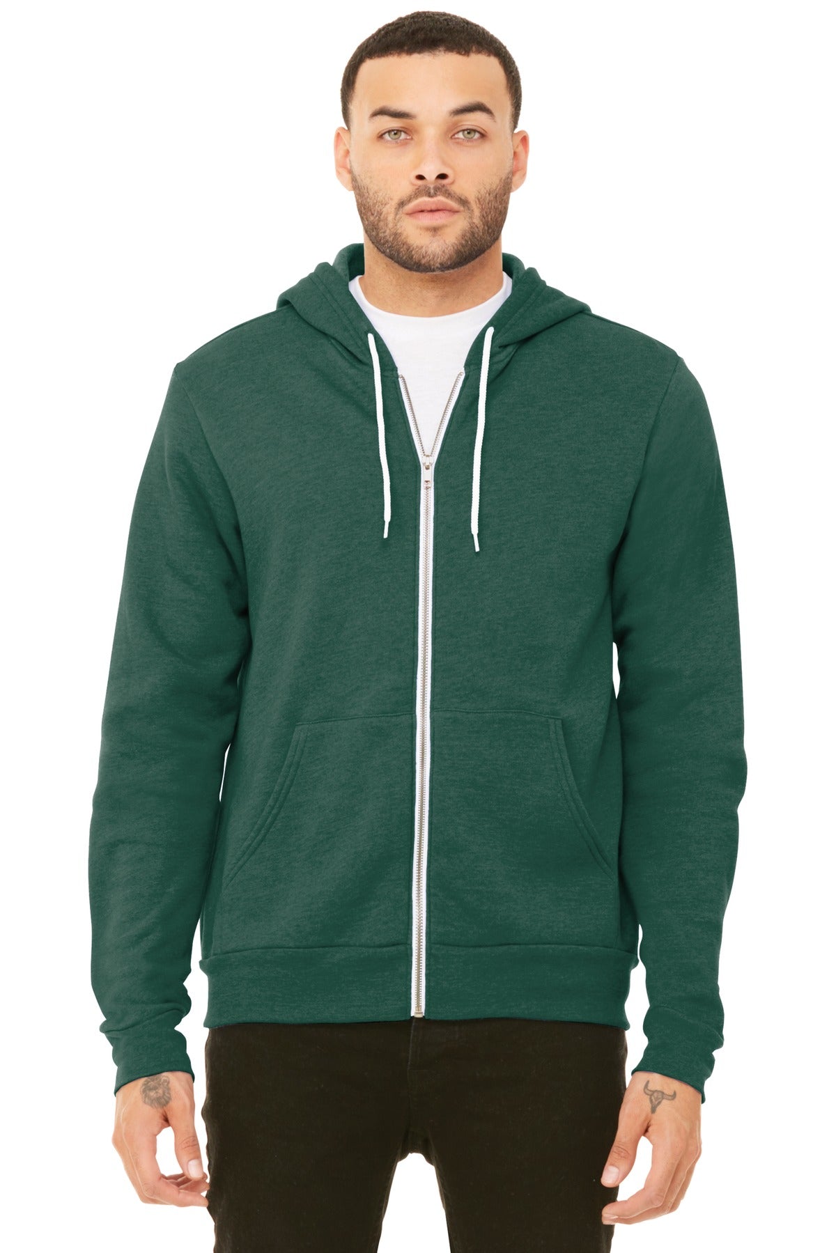 Front View of Ht Forest BELLA+CANVAS Unisex Sponge Fleece Full-Zip Hoodie. BC3739