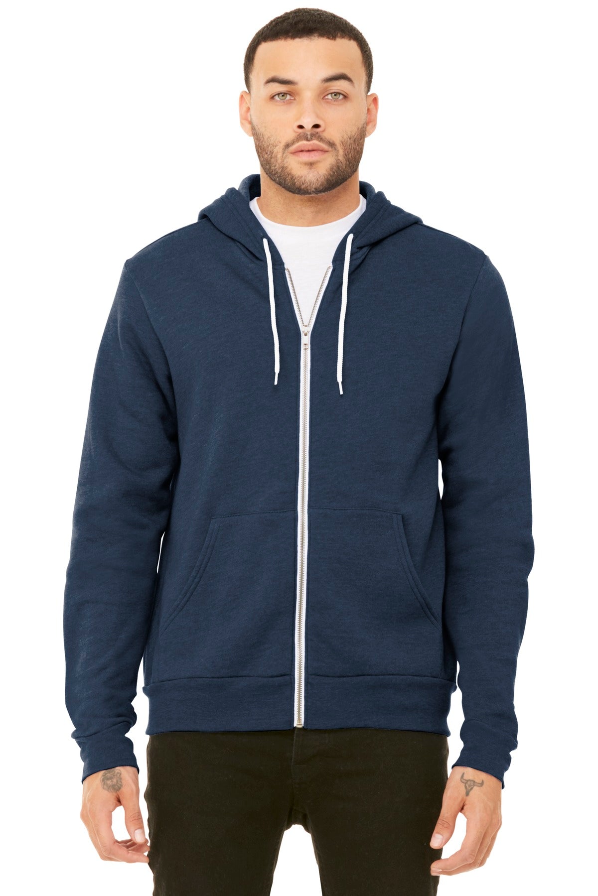 Front View of Ht Navy BELLA+CANVAS Unisex Sponge Fleece Full-Zip Hoodie. BC3739