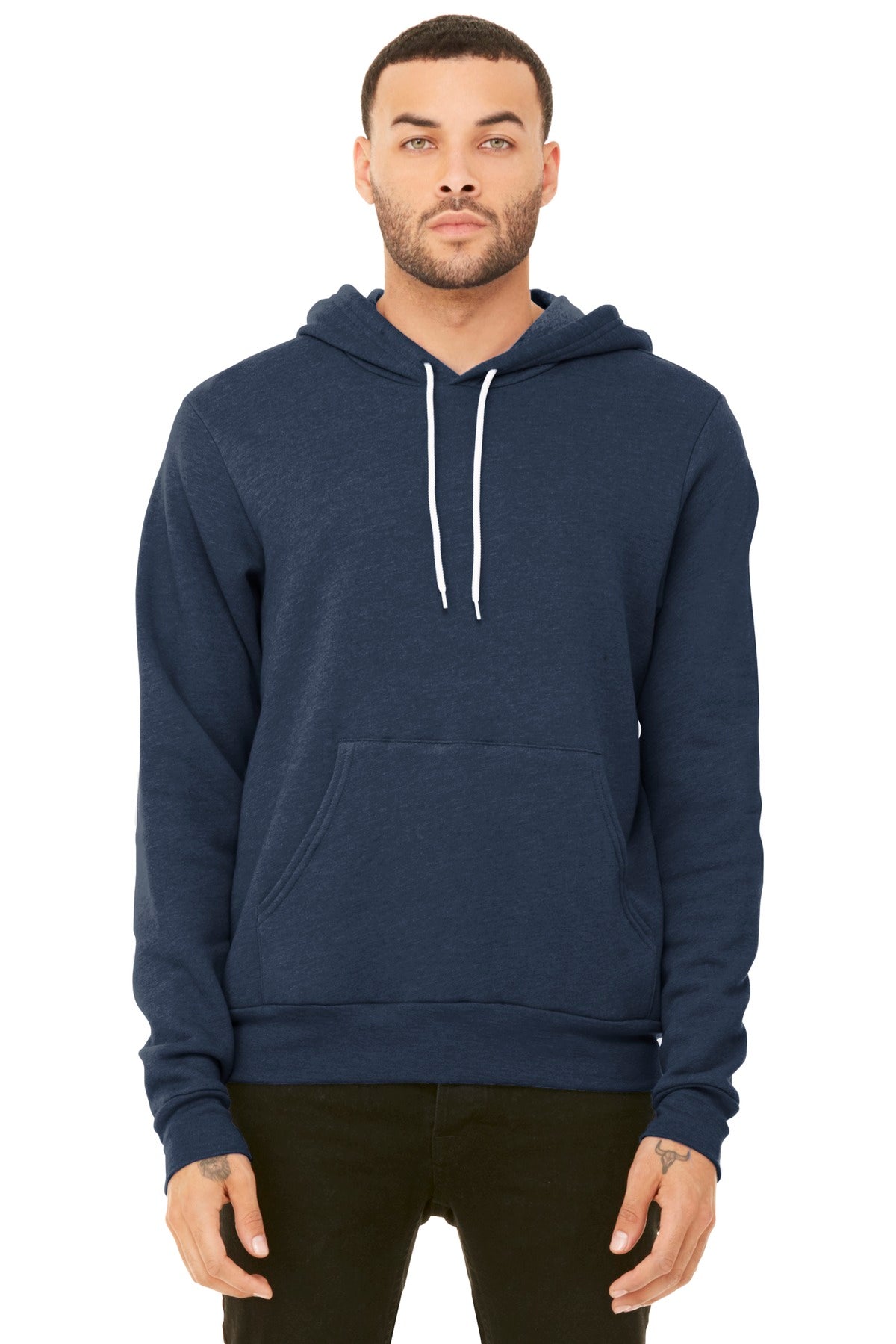 Front View of Ht Navy BELLA+CANVAS Unisex Sponge Fleece Pullover Hoodie. BC3719