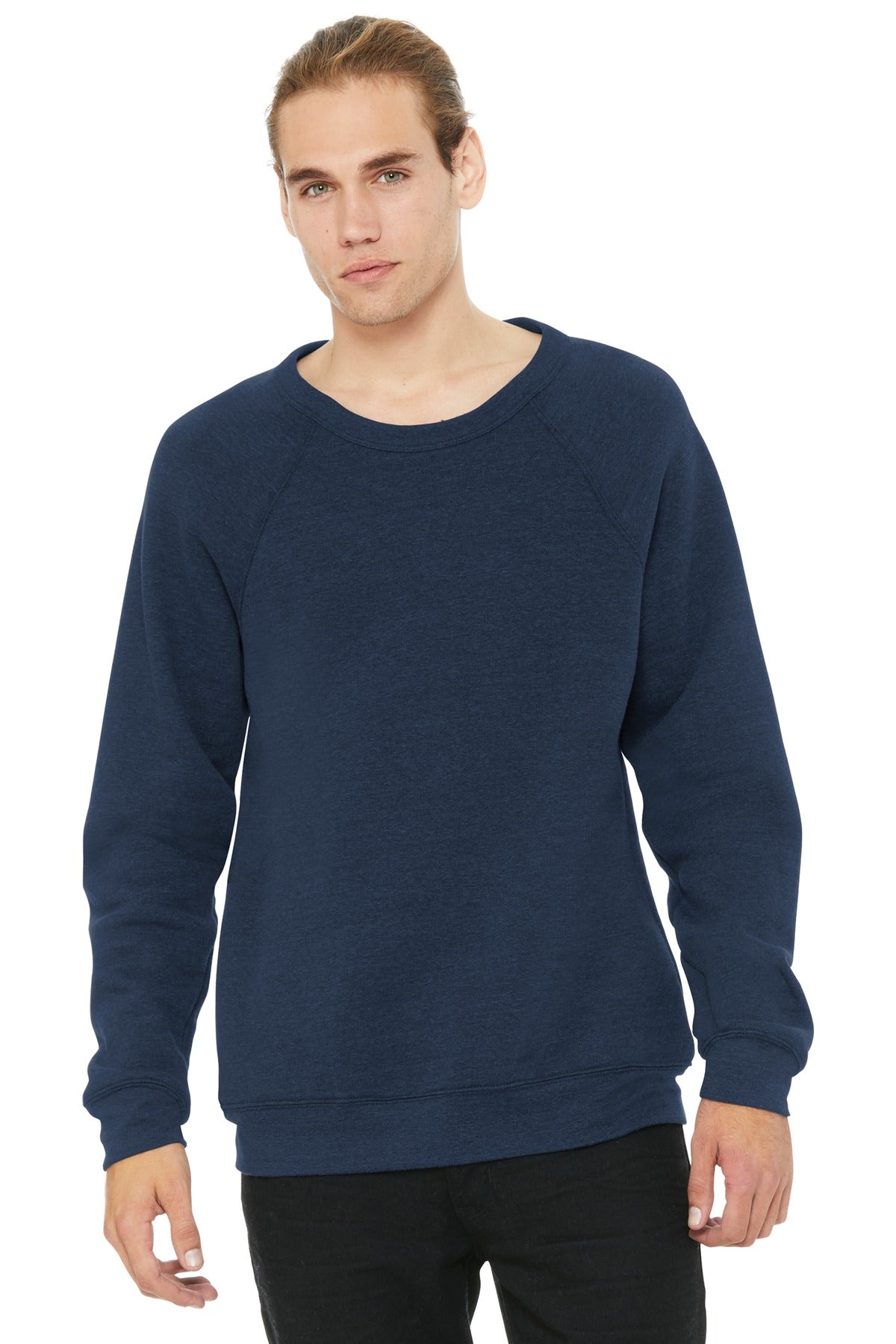Front View of Ht Navy BELLA+CANVAS Unisex Sponge Fleece Raglan Sweatshirt. BC3901