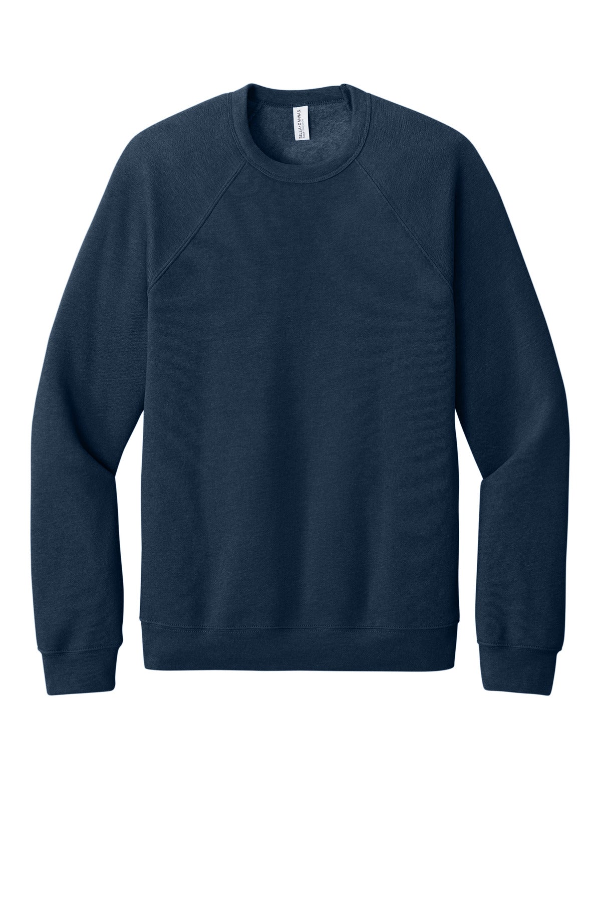 Front View of Ht Navy BELLA+CANVAS Unisex Sponge Fleece Raglan Sweatshirt. BC3901