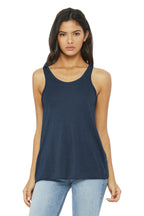 Front View of Ht Navy BELLA+CANVAS Women's Flowy Racerback Tank. BC8800