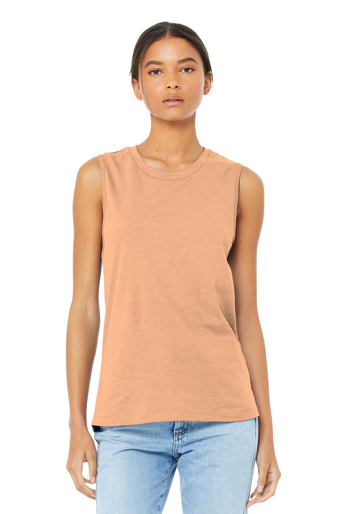 Front View of Ht Peach BELLA+CANVAS Women's Jersey Muscle Tank. BC6003