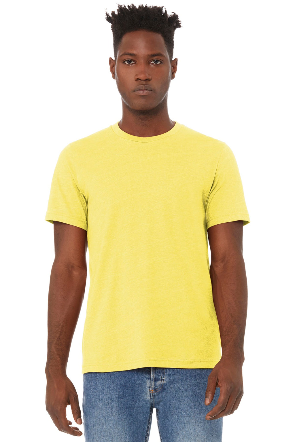 Front View of Ht Yellow BELLA+CANVAS Unisex Heather CVC Short Sleeve Tee. BC3001CVC