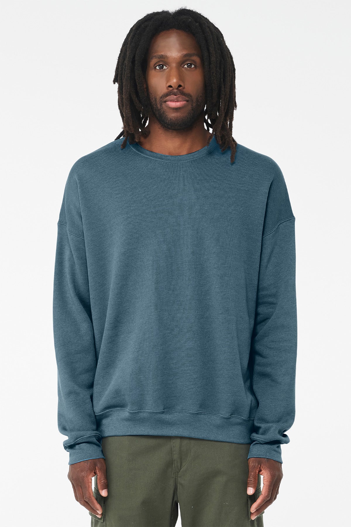 Front View of HtDpTeal BELLA+CANVAS Unisex Sponge Fleece Drop Shoulder Sweatshirt. BC3945