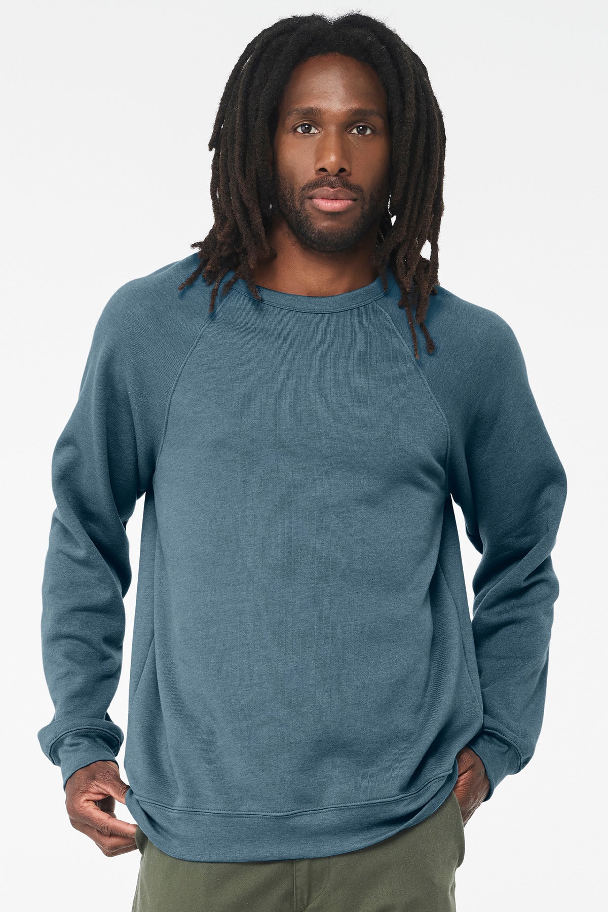 Front View of HtDpTeal BELLA+CANVAS Unisex Sponge Fleece Raglan Sweatshirt. BC3901