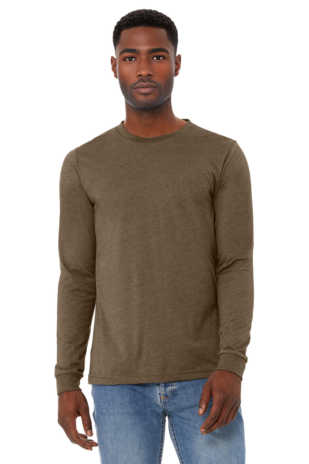Front View of HthrBrown BELLA+CANVAS Unisex Heather CVC Long Sleeve Tee BC3501CVC