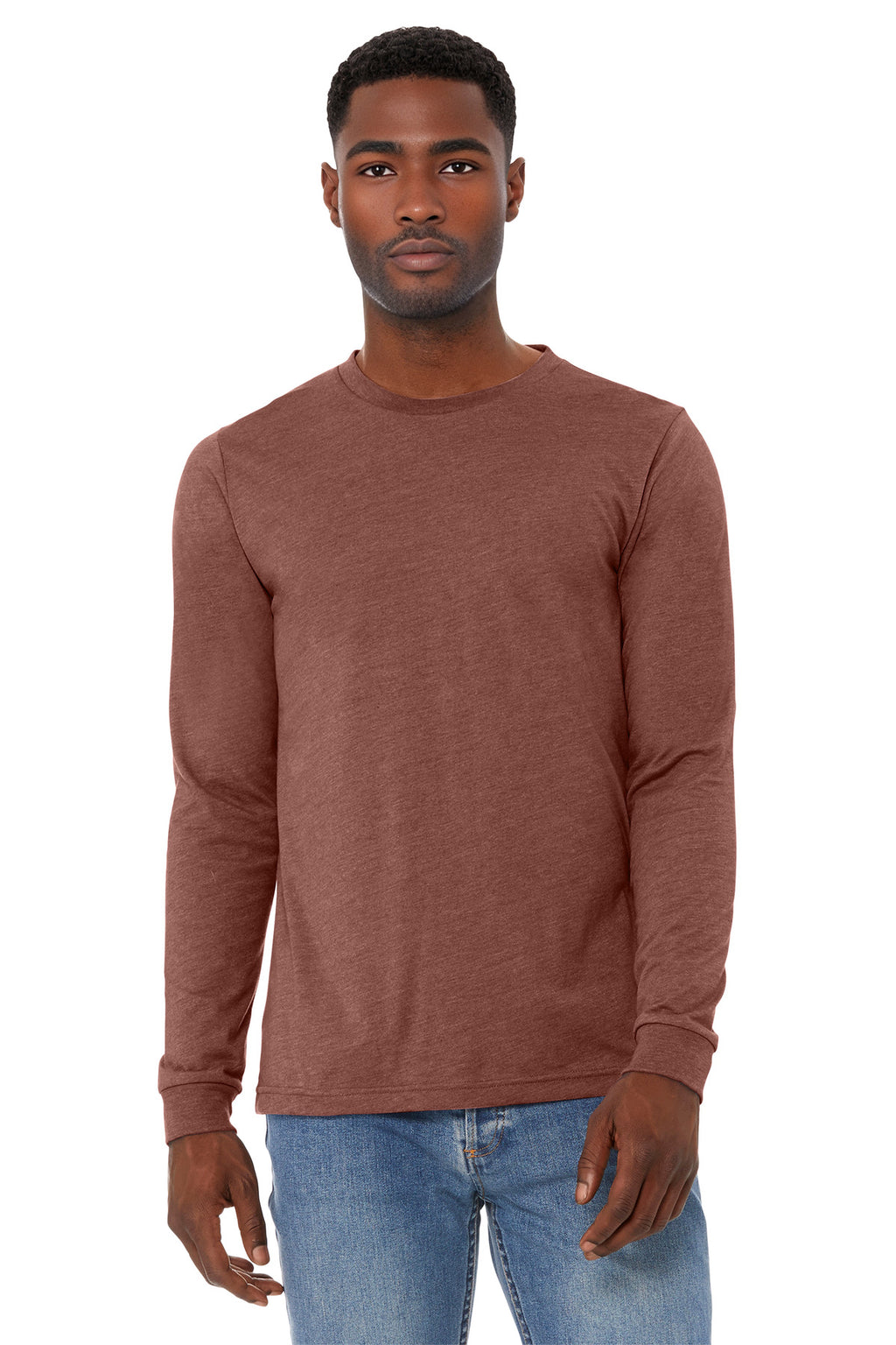 Front View of HthrClay BELLA+CANVAS Unisex Heather CVC Long Sleeve Tee BC3501CVC