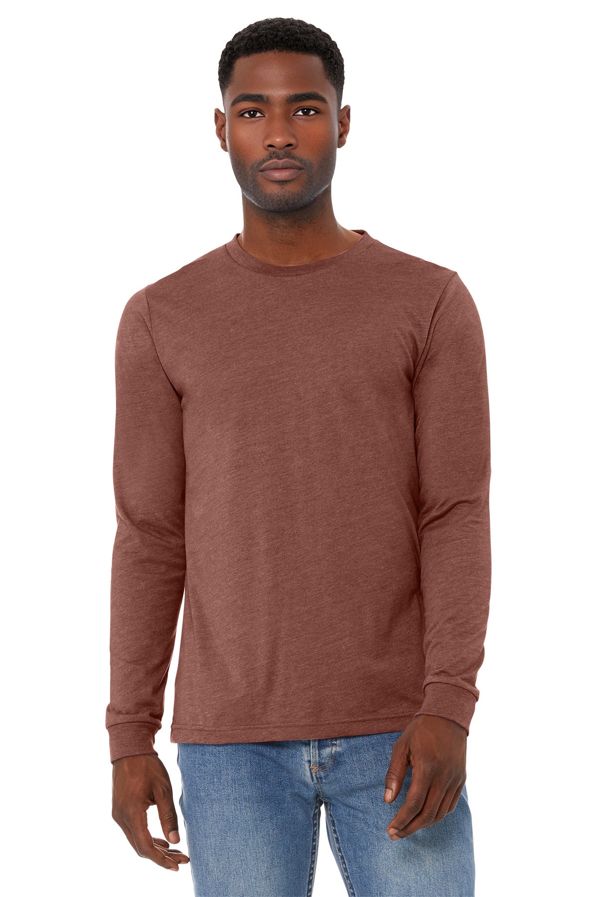 Front View of HthrClay BELLA+CANVAS Unisex Heather CVC Long Sleeve Tee BC3501CVC