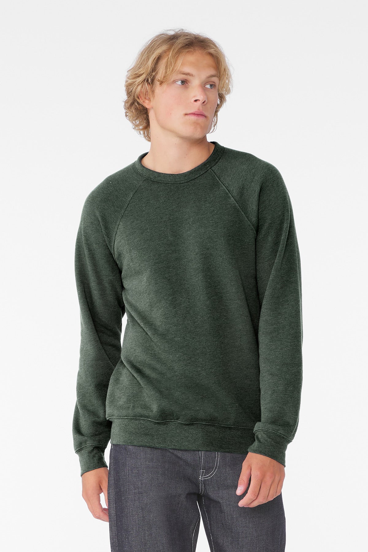 Front View of HthrForest BELLA+CANVAS Unisex Sponge Fleece Raglan Sweatshirt. BC3901