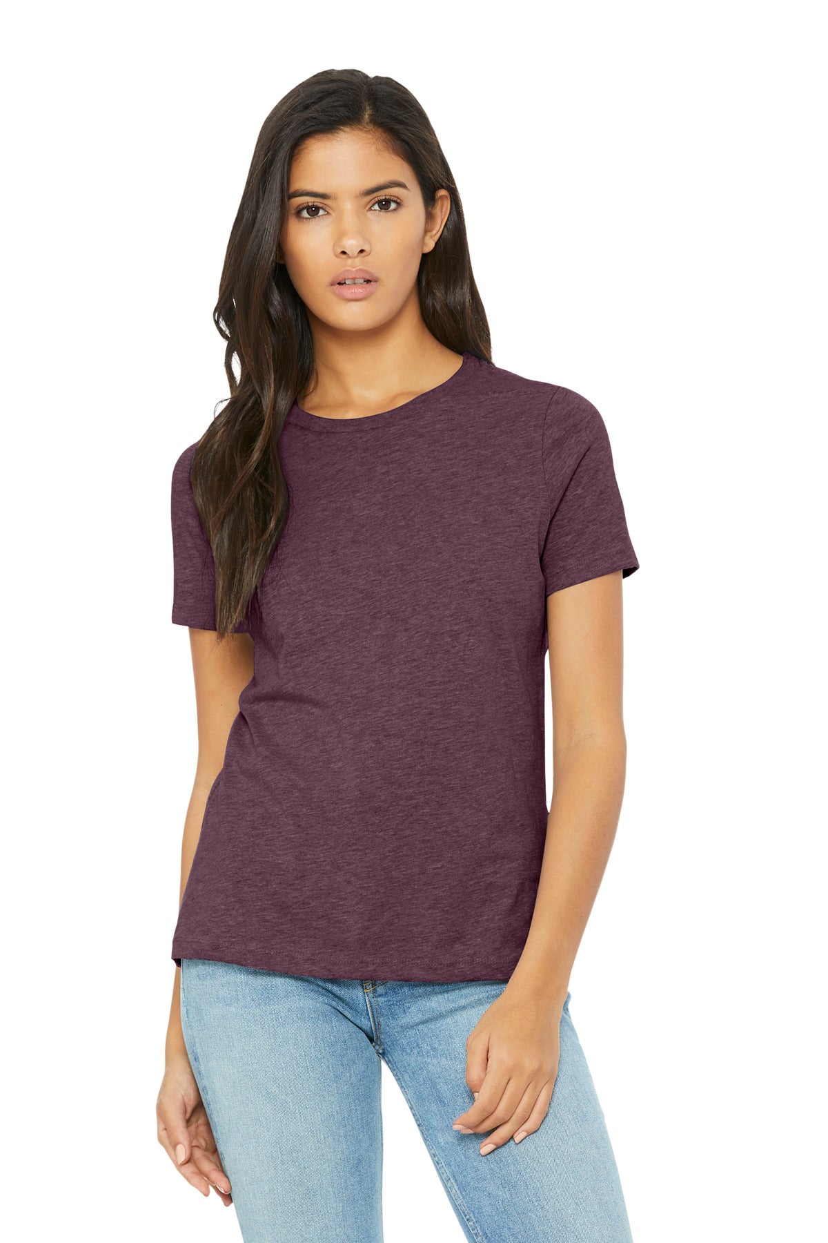 Front View of HthrMaroon BELLA+CANVAS Women's Relaxed CVC Tee BC6400CVC