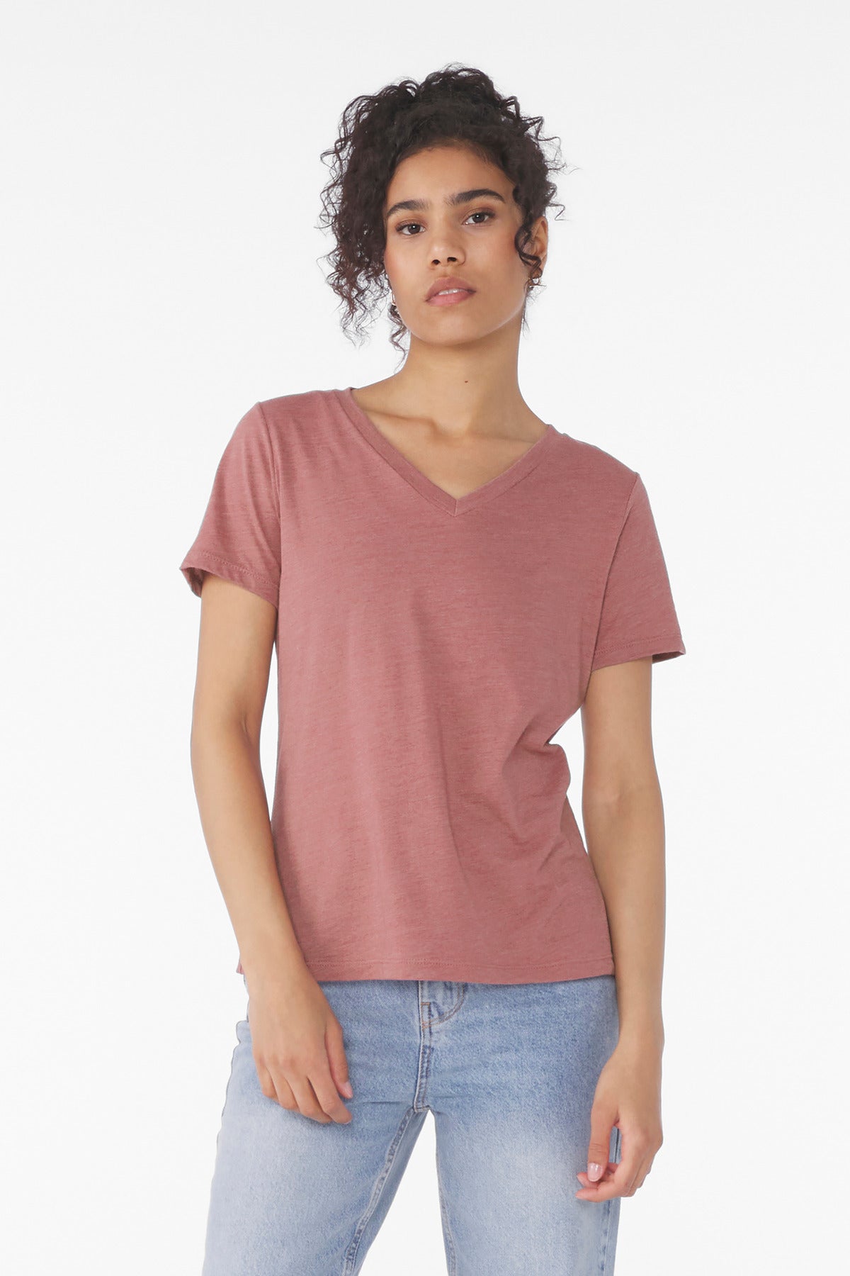 Front View of HthrMauve BELLA+CANVAS Women's Relaxed Heather CVC V-Neck Tee BC6405CVC