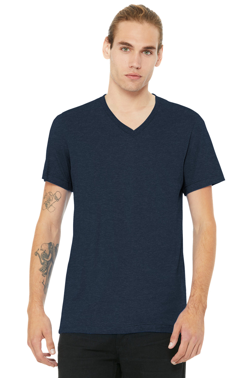 Front View of HthrNavy BELLA+CANVAS Unisex Heather CVC V-Neck Tee BC3005CVC