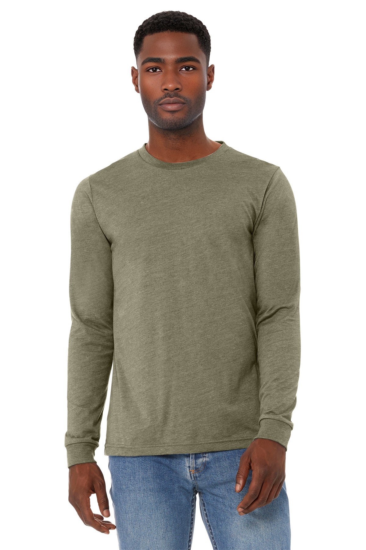 Front View of HthrOlive BELLA+CANVAS Unisex Heather CVC Long Sleeve Tee BC3501CVC