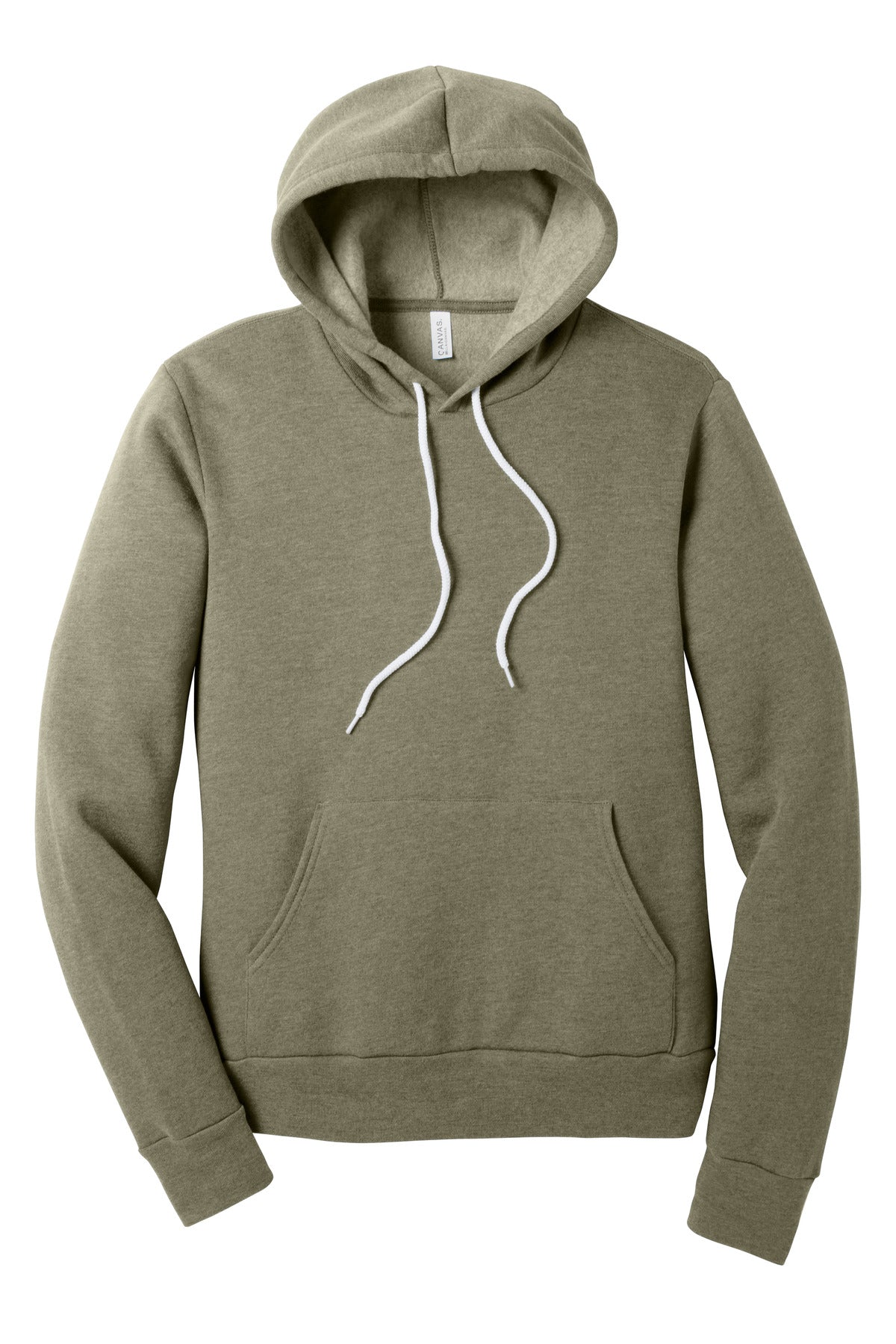 Front View of HthrOlive BELLA+CANVAS Unisex Sponge Fleece Pullover Hoodie. BC3719
