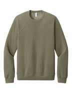 Front View of HthrOlive BELLA+CANVAS Unisex Sponge Fleece Raglan Sweatshirt. BC3901