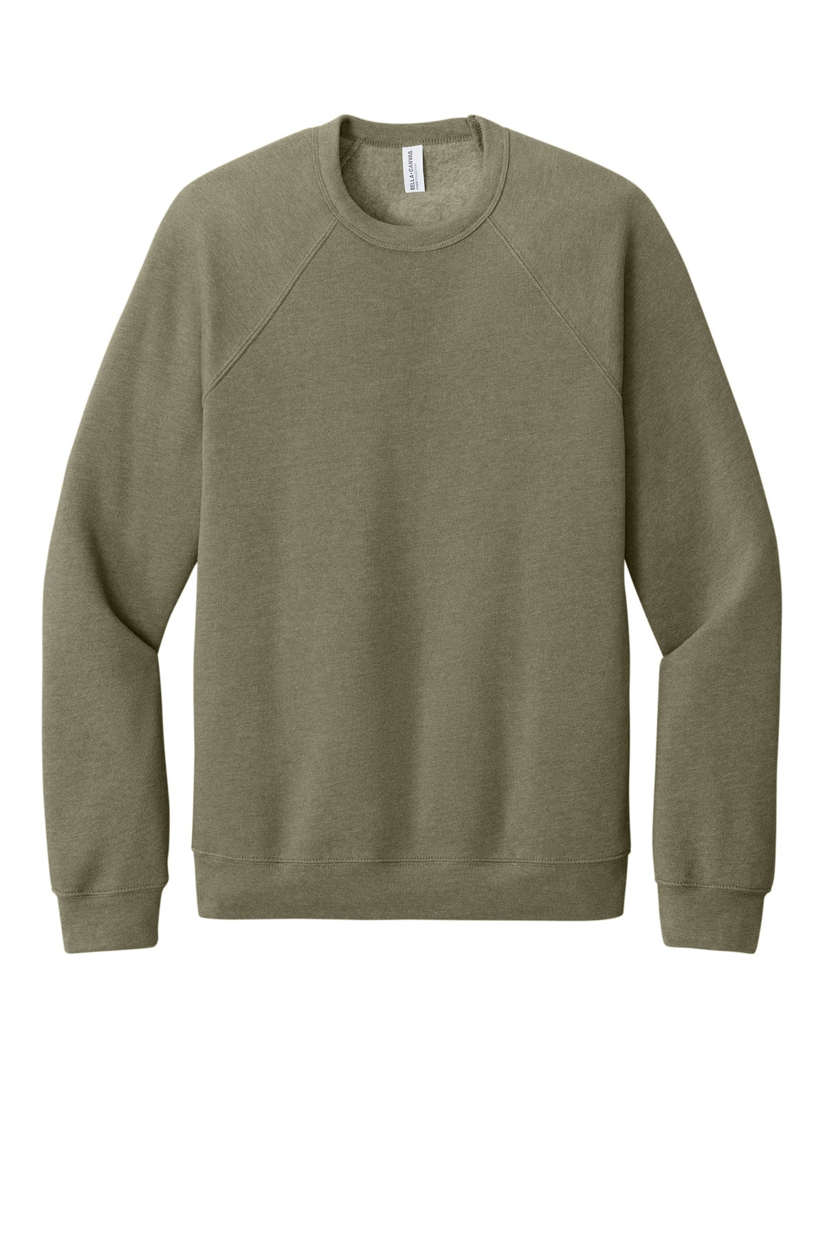 Front View of HthrOlive BELLA+CANVAS Unisex Sponge Fleece Raglan Sweatshirt. BC3901