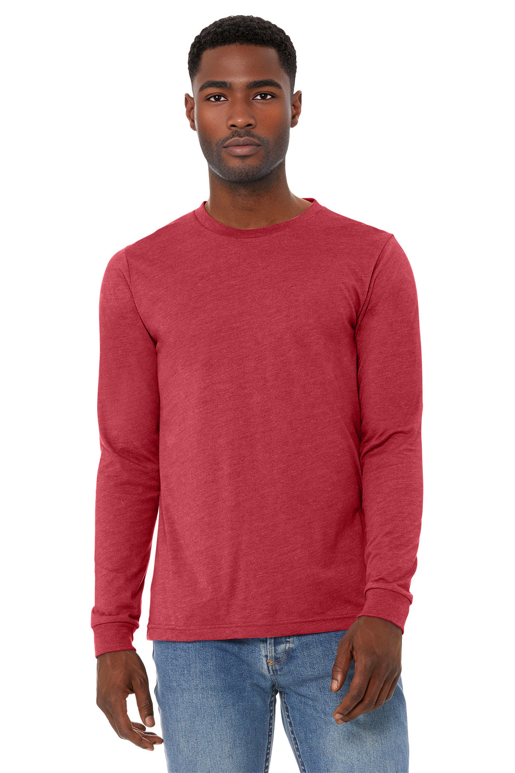 Front View of HthrRed BELLA+CANVAS Unisex Heather CVC Long Sleeve Tee BC3501CVC