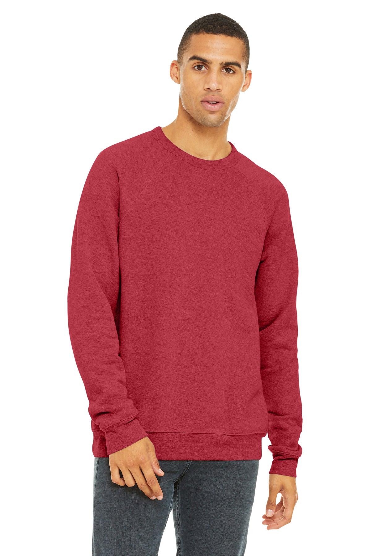 Front View of HthrRed BELLA+CANVAS Unisex Sponge Fleece Raglan Sweatshirt. BC3901
