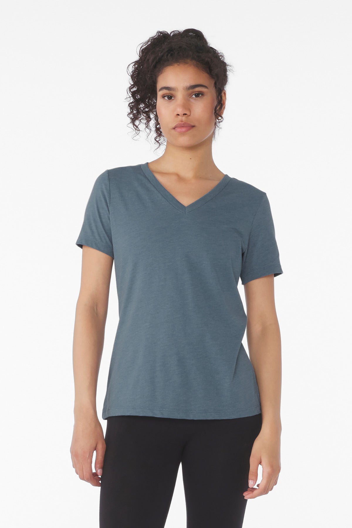 Front View of HthrSlate BELLA+CANVAS Women's Relaxed Heather CVC V-Neck Tee BC6405CVC
