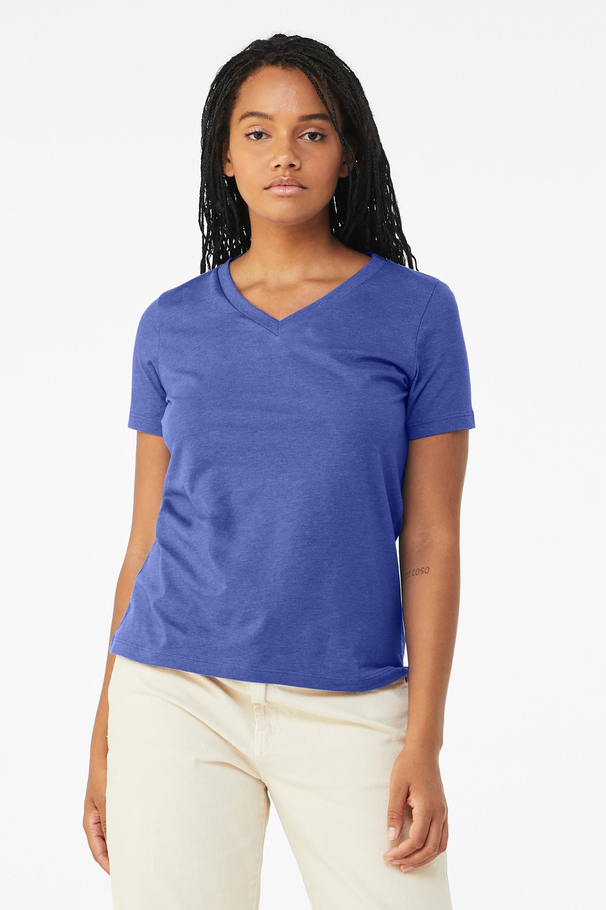 Front View of HthrTRRoy BELLA+CANVAS Women's Relaxed Heather CVC V-Neck Tee BC6405CVC