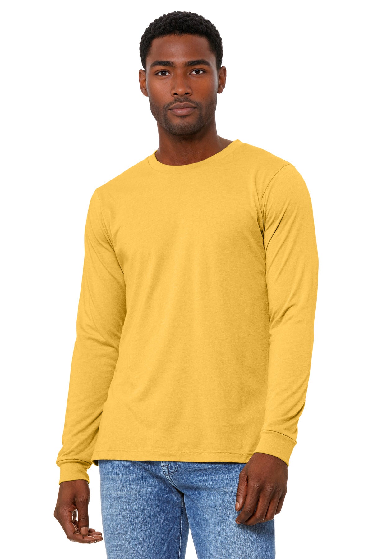 Front View of HthYlwGold BELLA+CANVAS Unisex Heather CVC Long Sleeve Tee BC3501CVC