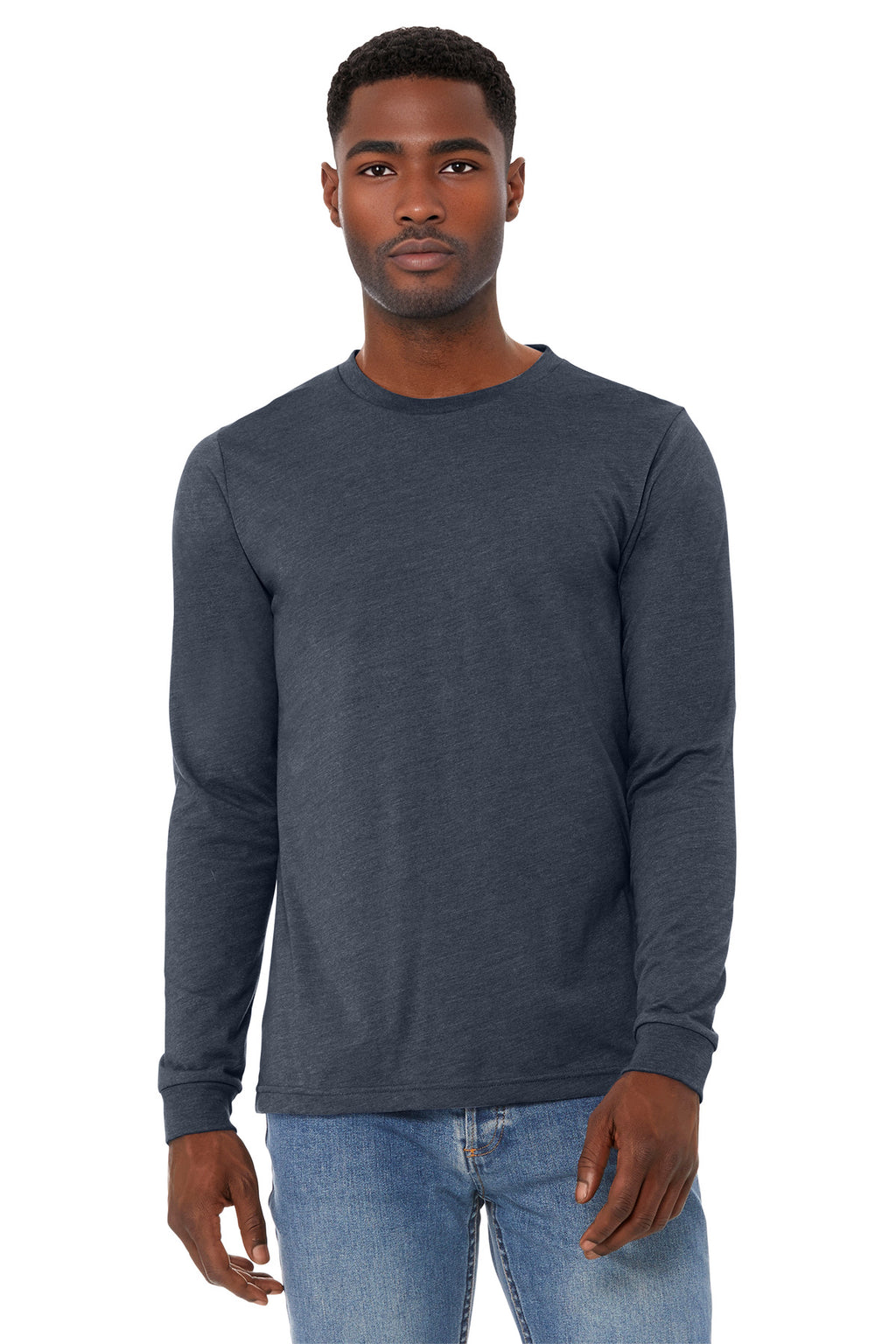 Front View of HtMdntNavy BELLA+CANVAS Unisex Heather CVC Long Sleeve Tee BC3501CVC