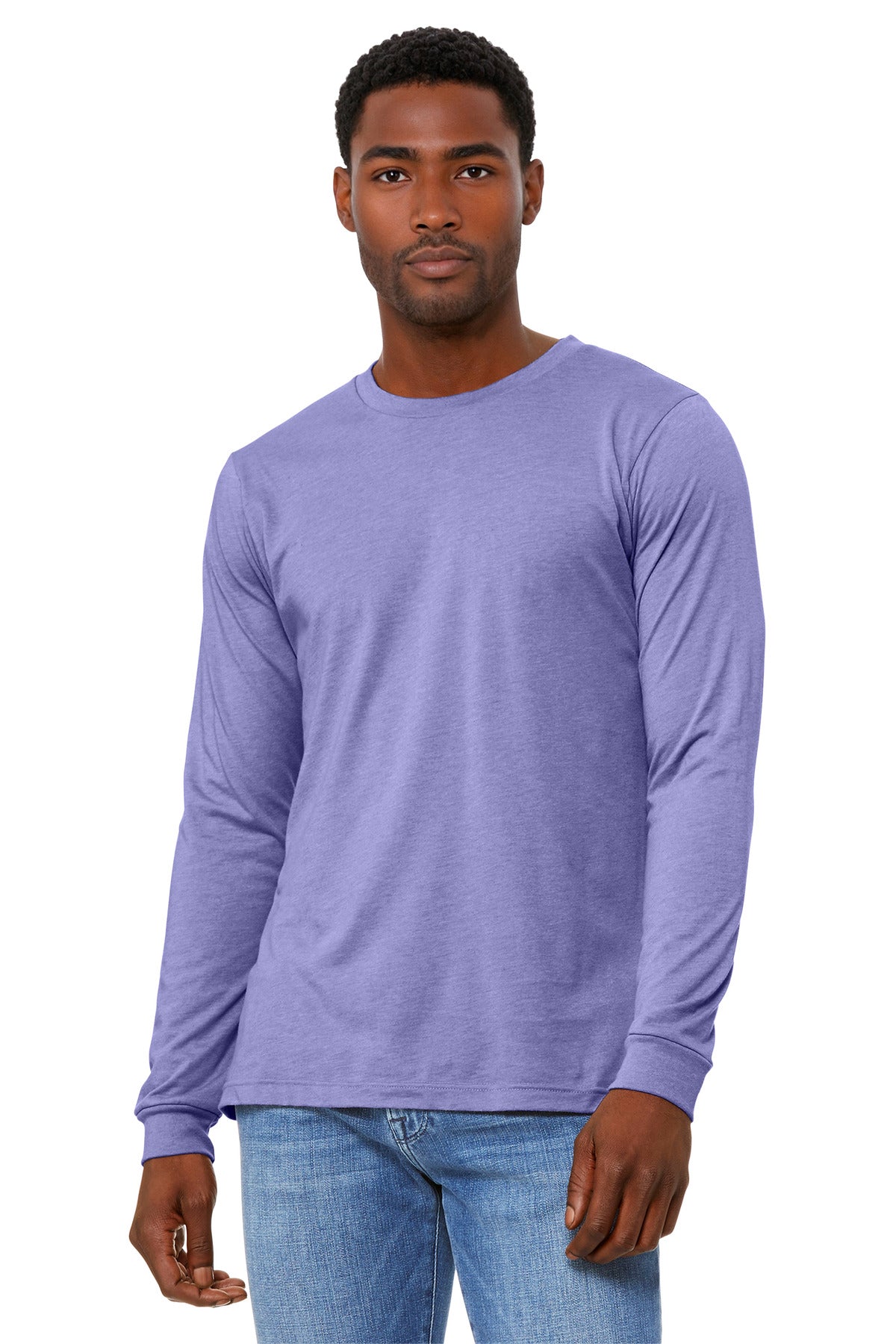 Front View of HtrDkLvndr BELLA+CANVAS Unisex Heather CVC Long Sleeve Tee BC3501CVC