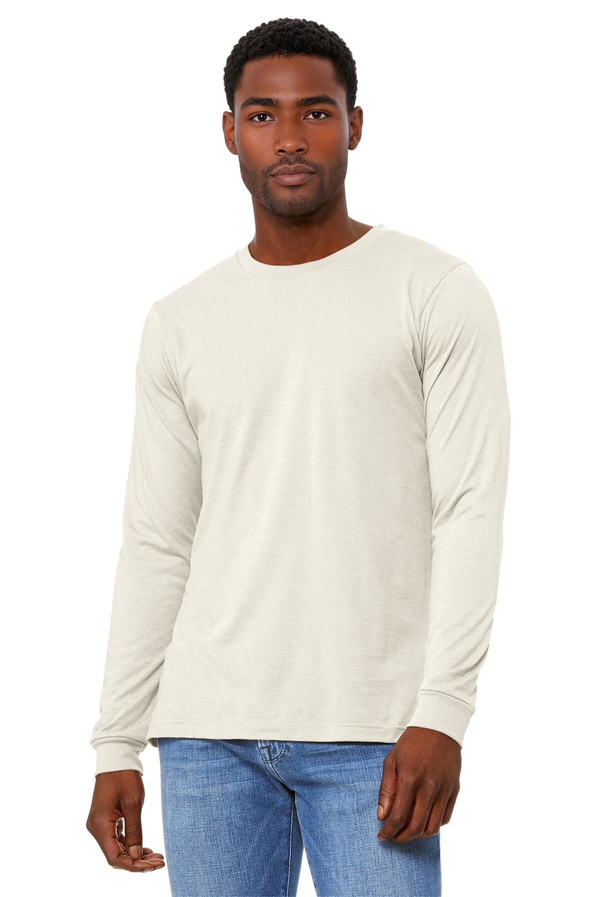 Front View of HtrNatural BELLA+CANVAS Unisex Heather CVC Long Sleeve Tee BC3501CVC