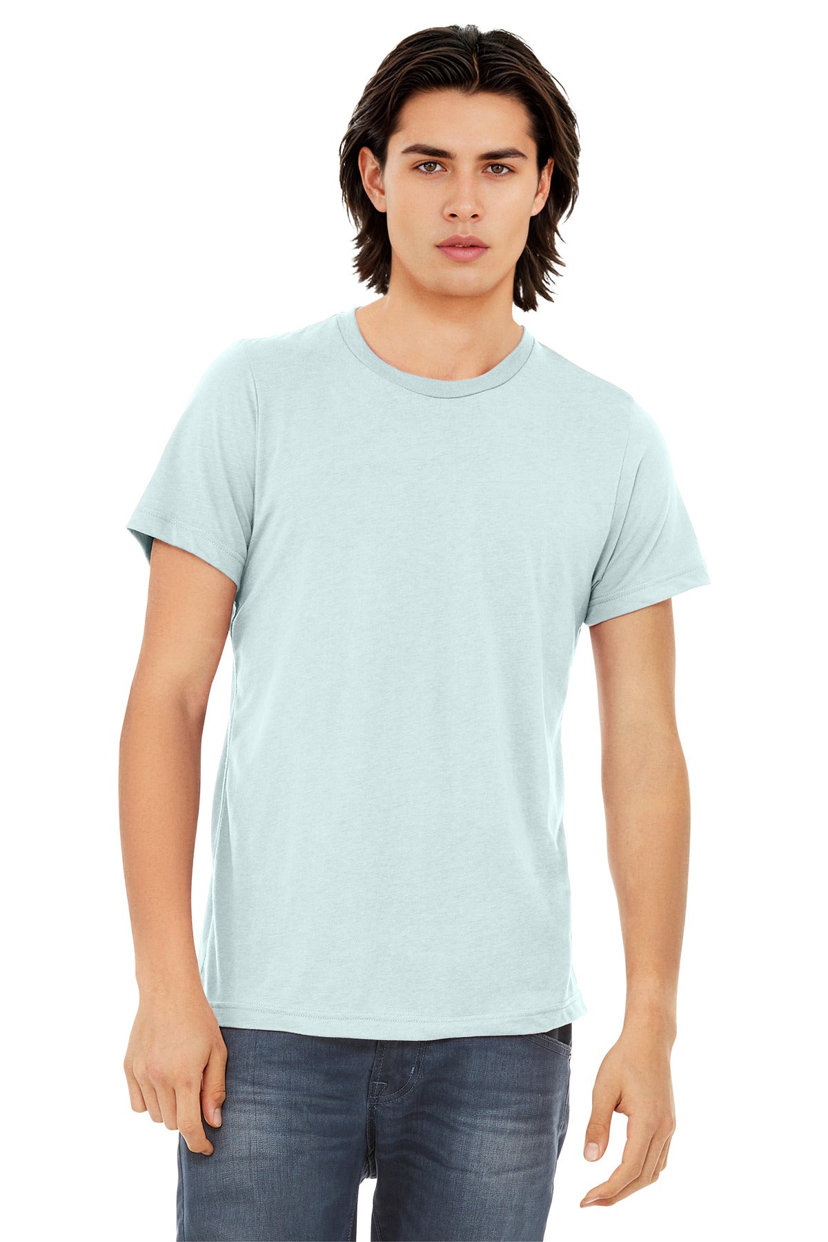 Front View of Ice Blue TB BELLA+CANVAS Unisex Triblend Short Sleeve Tee. BC3413