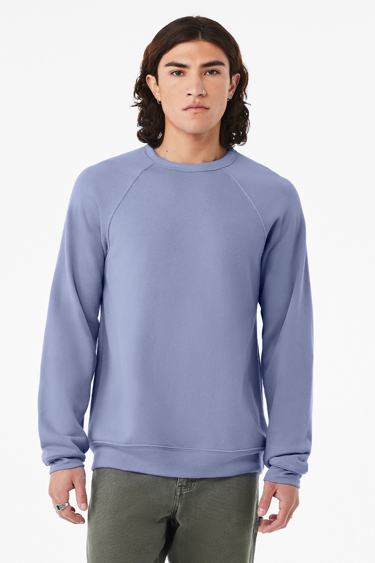Front View of LavenderBl BELLA+CANVAS Unisex Sponge Fleece Raglan Sweatshirt. BC3901