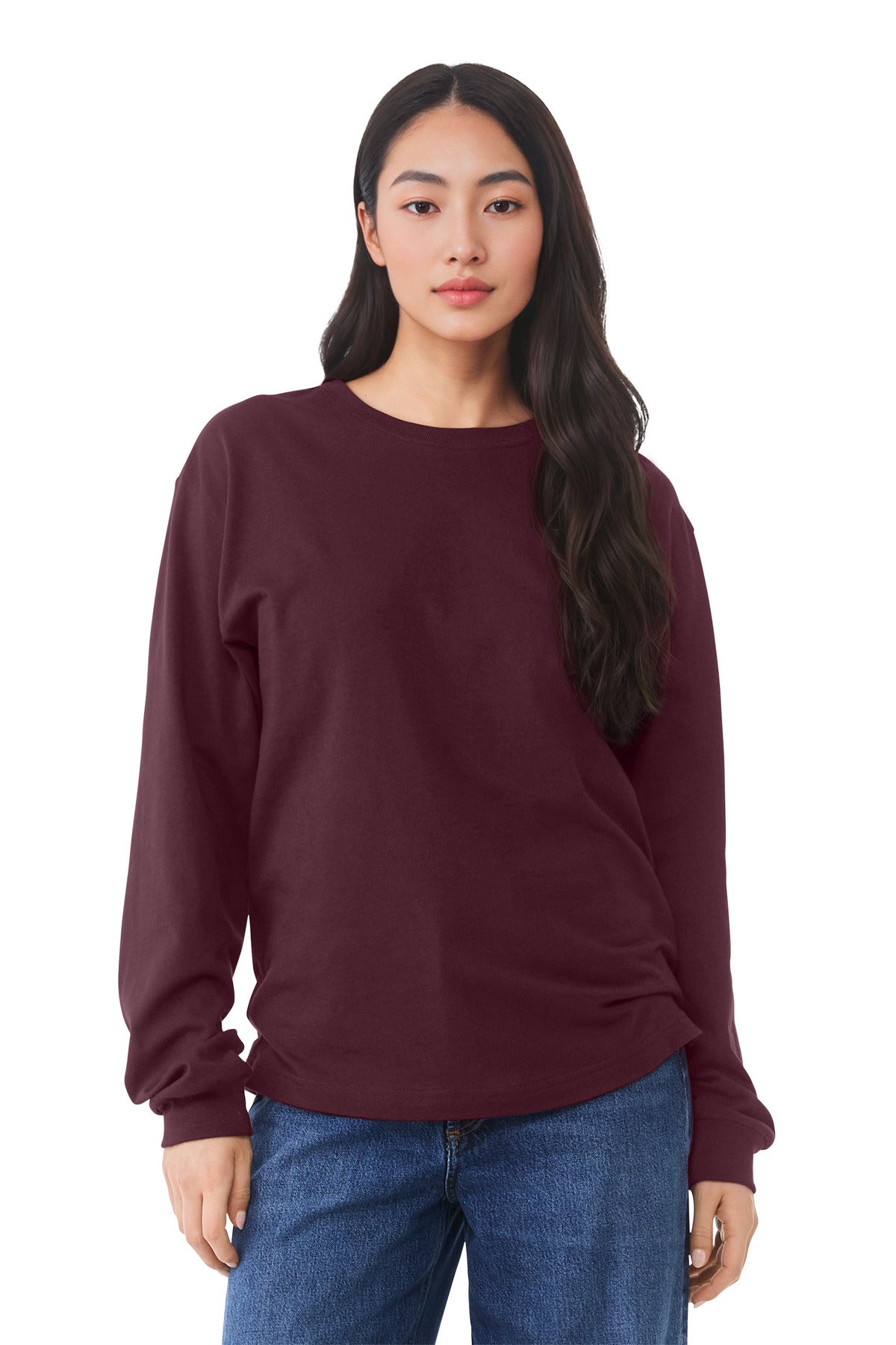 Front View of Maroon BELLA+CANVAS Unisex 6-Ounce Heavyweight Long Sleeve Tee BC3511