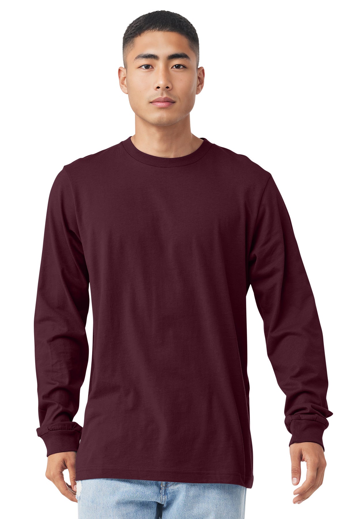Front View of Maroon BELLA+CANVAS Unisex Jersey Long Sleeve Tee. BC3501