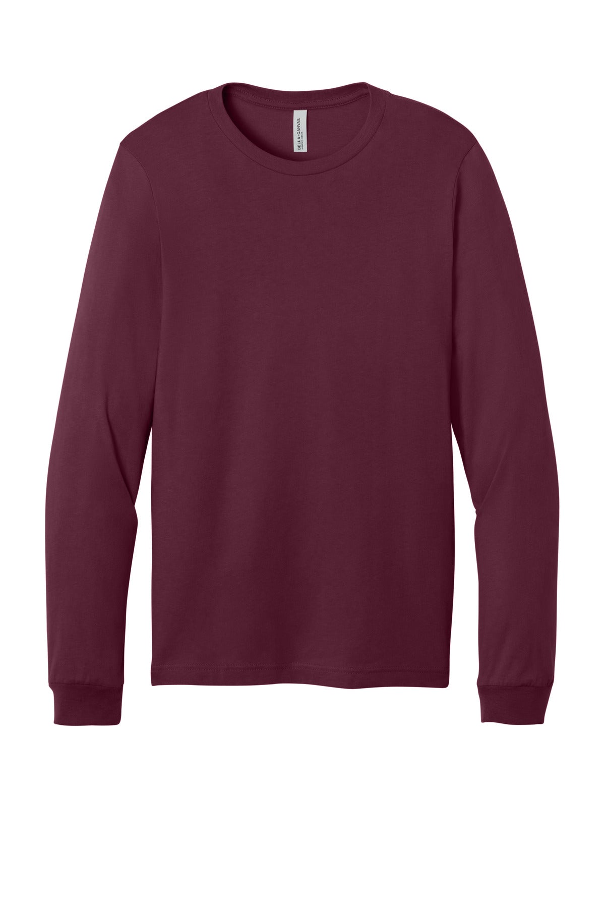 Front View of Maroon BELLA+CANVAS Unisex Jersey Long Sleeve Tee. BC3501