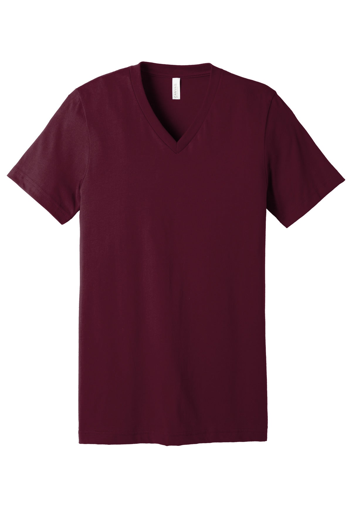 Front View of Maroon BELLA+CANVAS Unisex Jersey Short Sleeve V-Neck Tee. BC3005