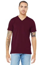 Front View of Maroon BELLA+CANVAS Unisex Jersey Short Sleeve V-Neck Tee. BC3005