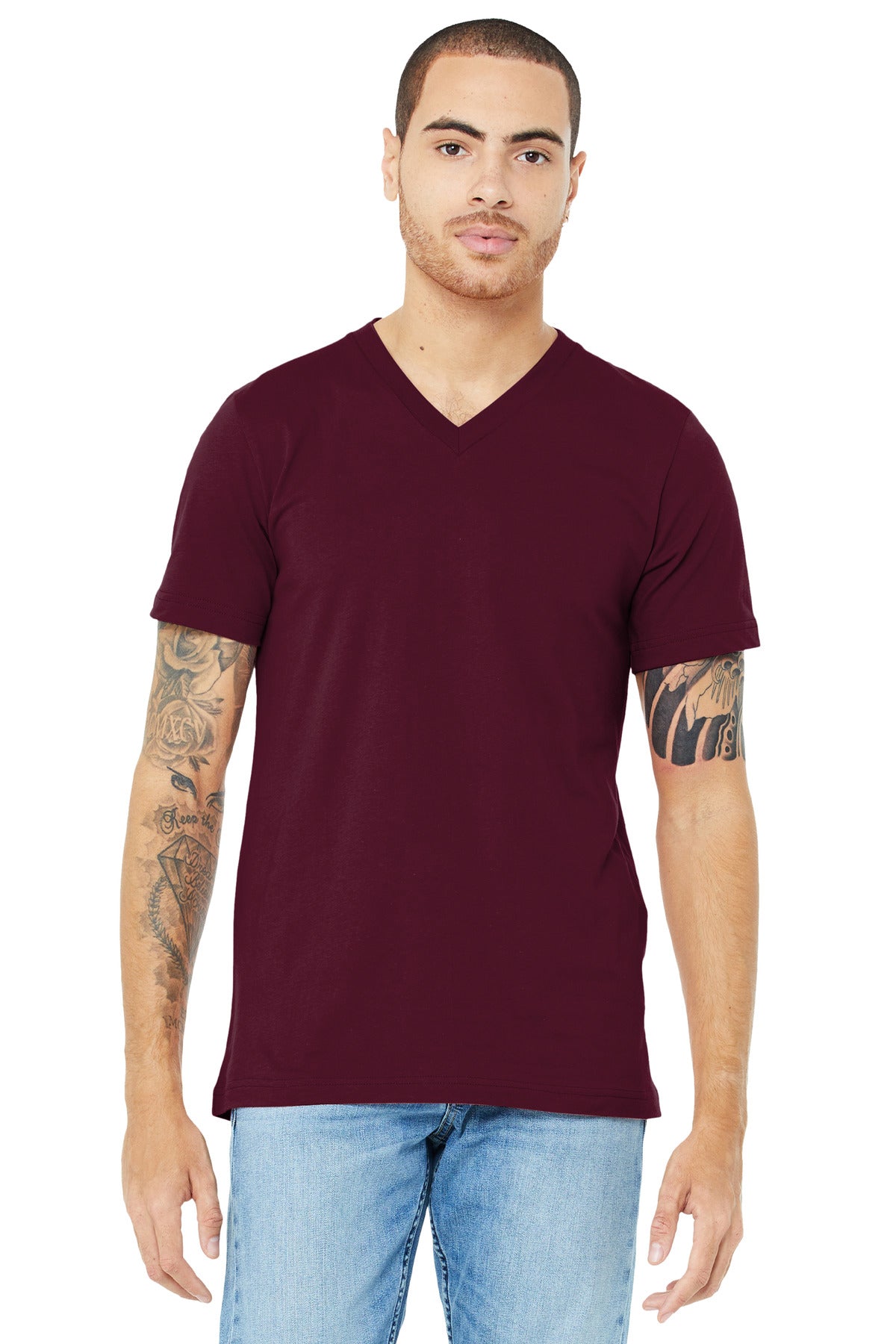Front View of Maroon BELLA+CANVAS Unisex Jersey Short Sleeve V-Neck Tee. BC3005