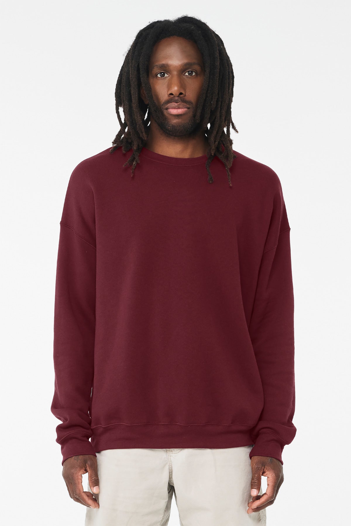 Front View of Maroon BELLA+CANVAS Unisex Sponge Fleece Drop Shoulder Sweatshirt. BC3945