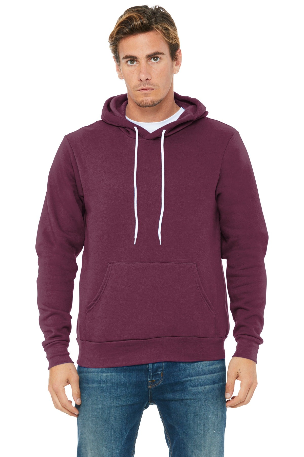 Front View of Maroon BELLA+CANVAS Unisex Sponge Fleece Pullover Hoodie. BC3719