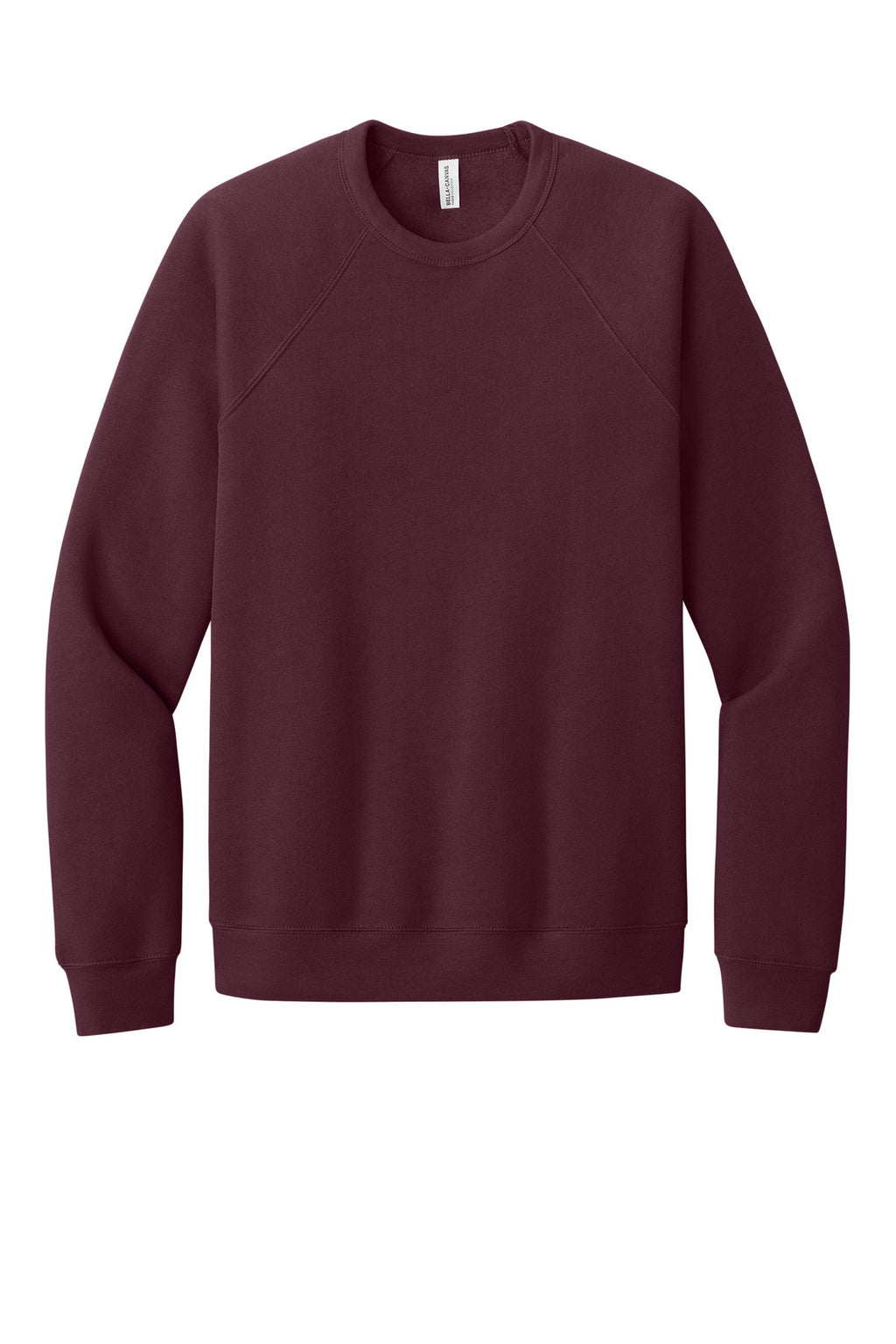 Front View of Maroon BELLA+CANVAS Unisex Sponge Fleece Raglan Sweatshirt. BC3901
